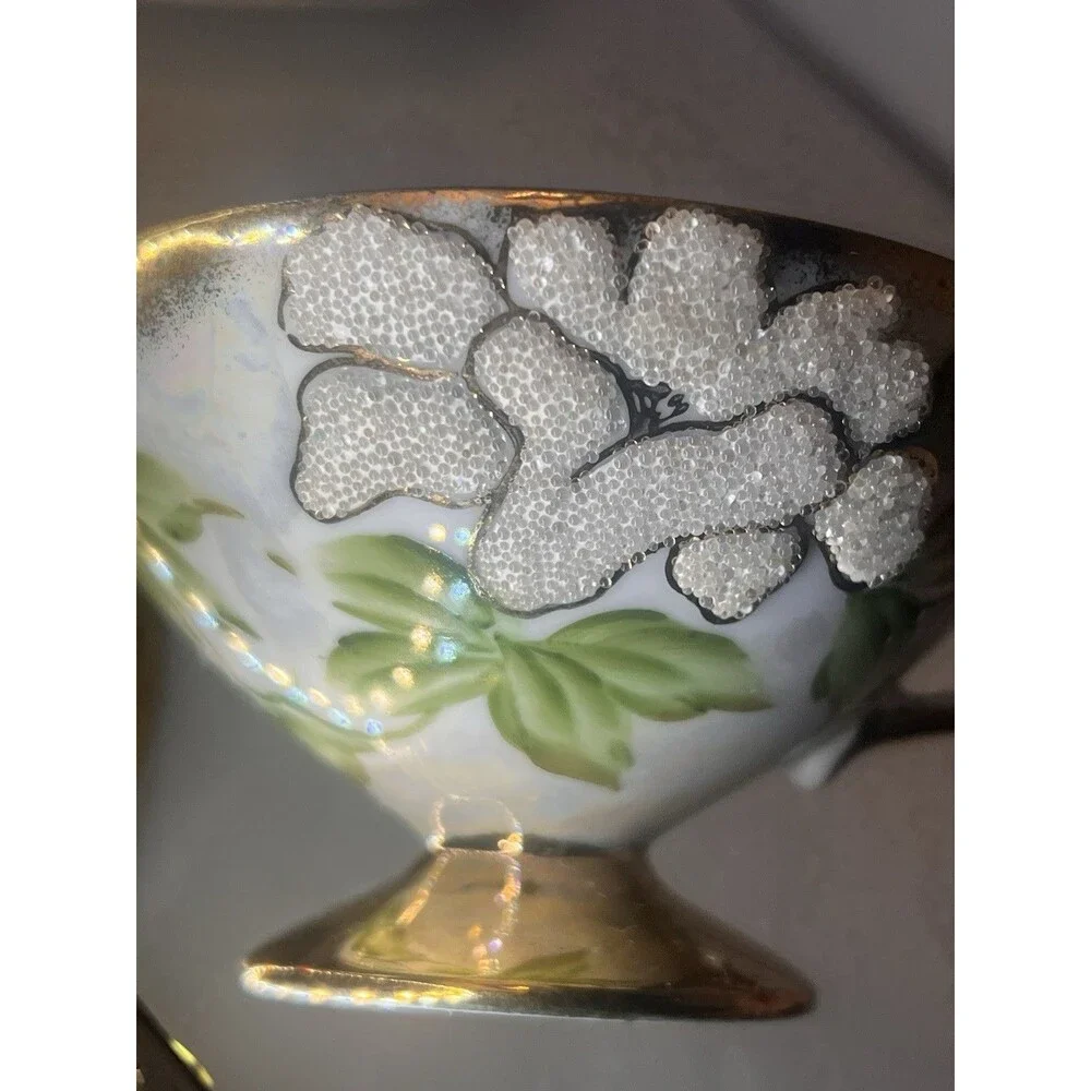 Vintage Japanese Moriage Beaded Lusterware Tea Cup Saucer Victoria Ceramics